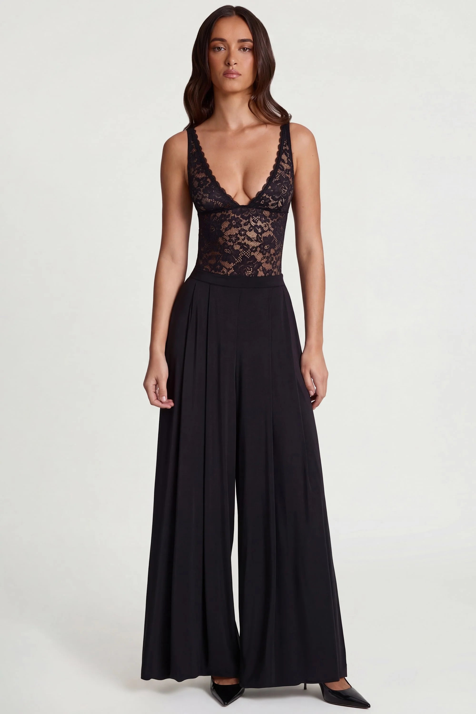 Soft Jersey Mid Rise Wide Leg Trousers in Black
