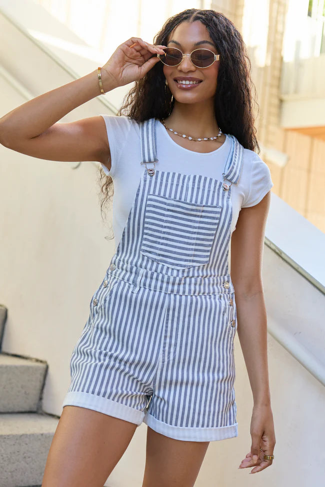 My Favorite Relaxed Stripe Stretchy Shorts Overalls