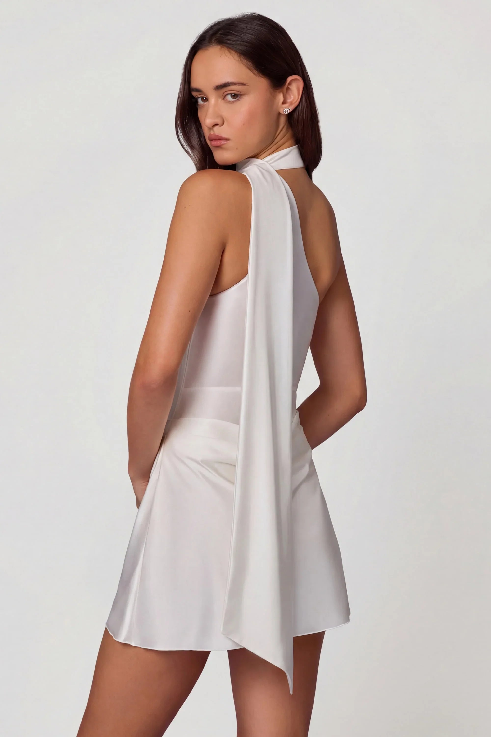 Asymmetric Scarf Detail Mini Dress in White