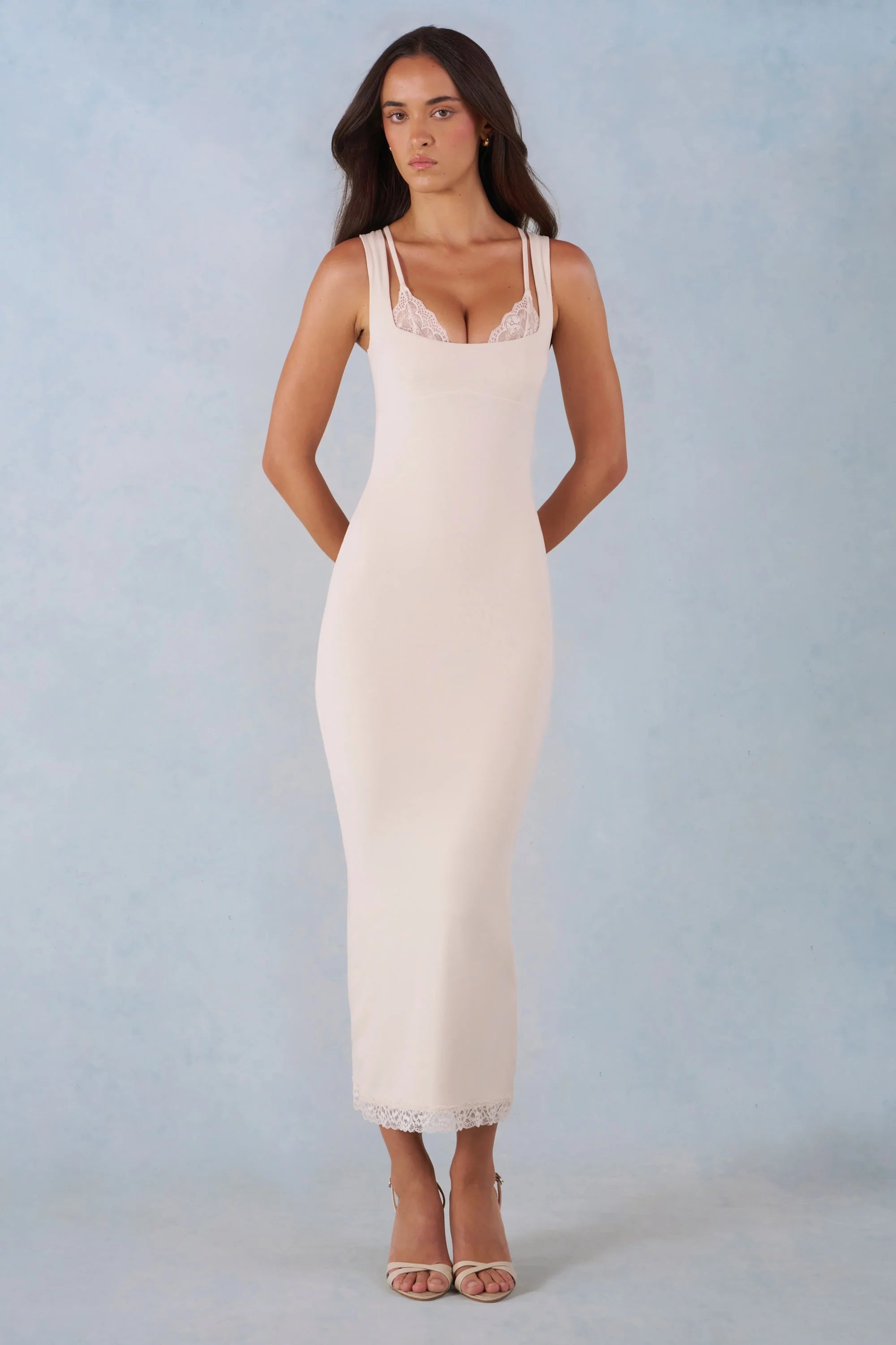 Modal Lace Trim Midaxi Dress in Ivory
