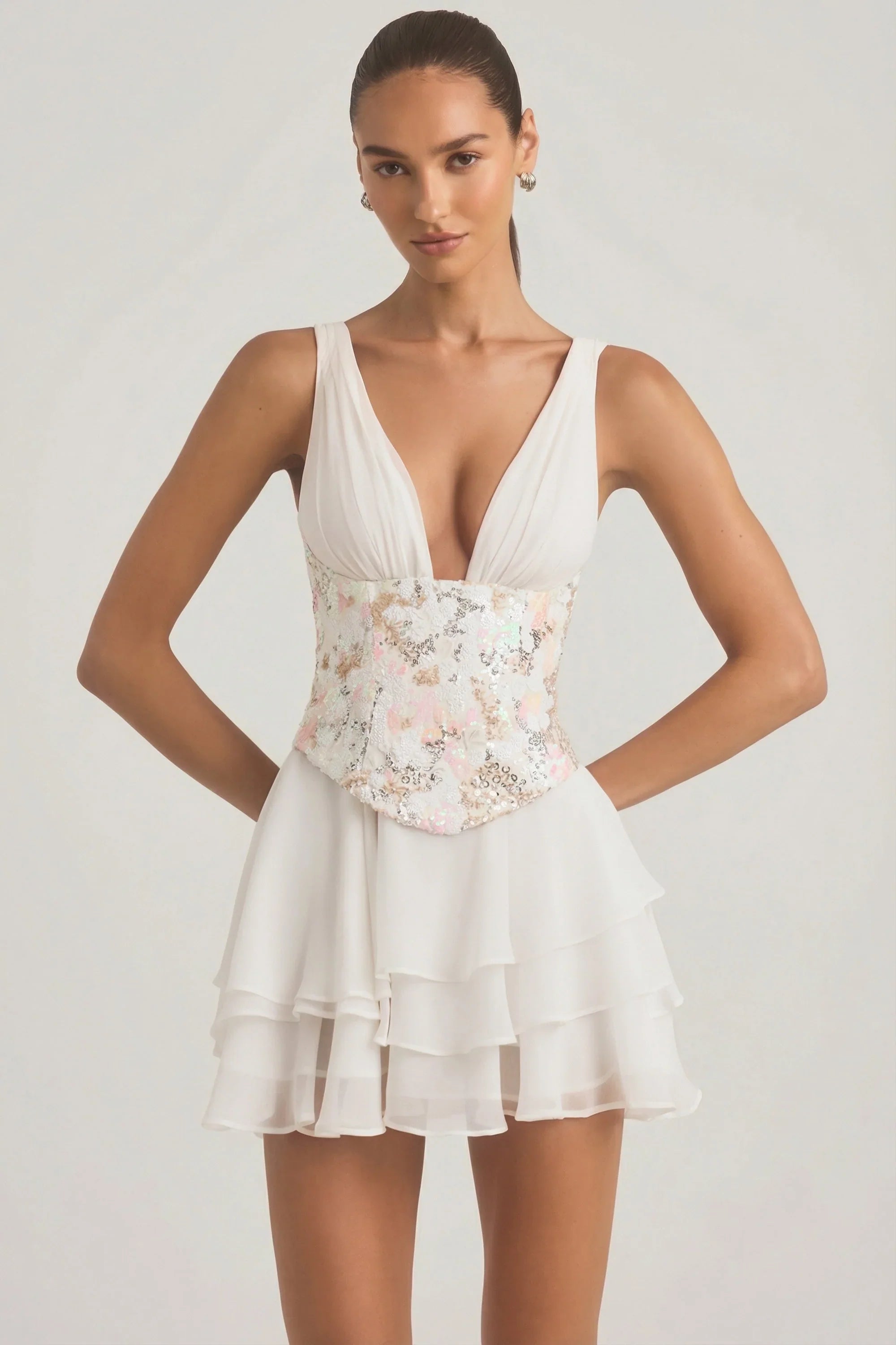 Embellished Ruffled Corset Mini Dress in Ivory