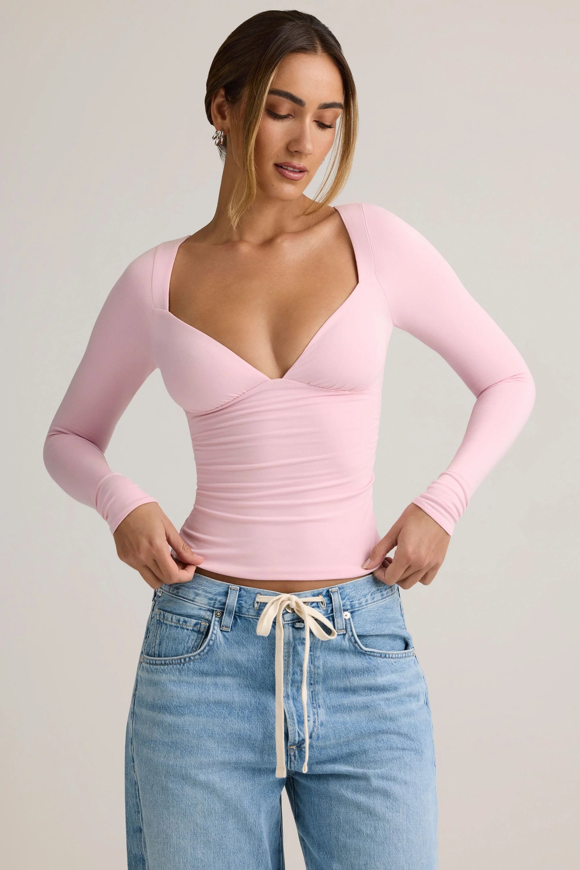 Modal Ruched Long Sleeve Top in Baby Pink