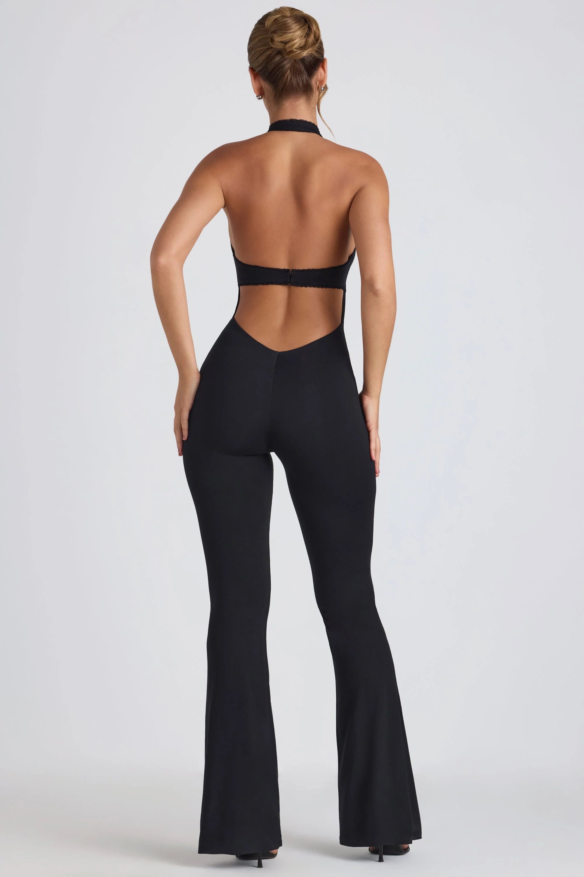 Modal Lace Trim Cut Out Flared Jumpsuit in Black