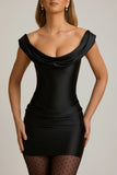 Satin Off Shoulder Draped Mini Dress in Black