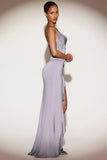 Embellished Cowl Neck Ruffled Gown Dress in Lilac