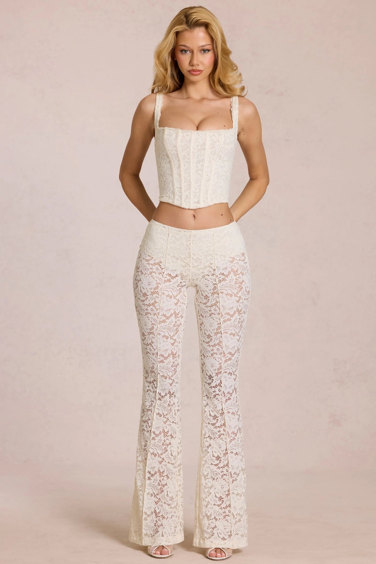 Sheer Lace Mid Rise Flared Trousers in Pearl