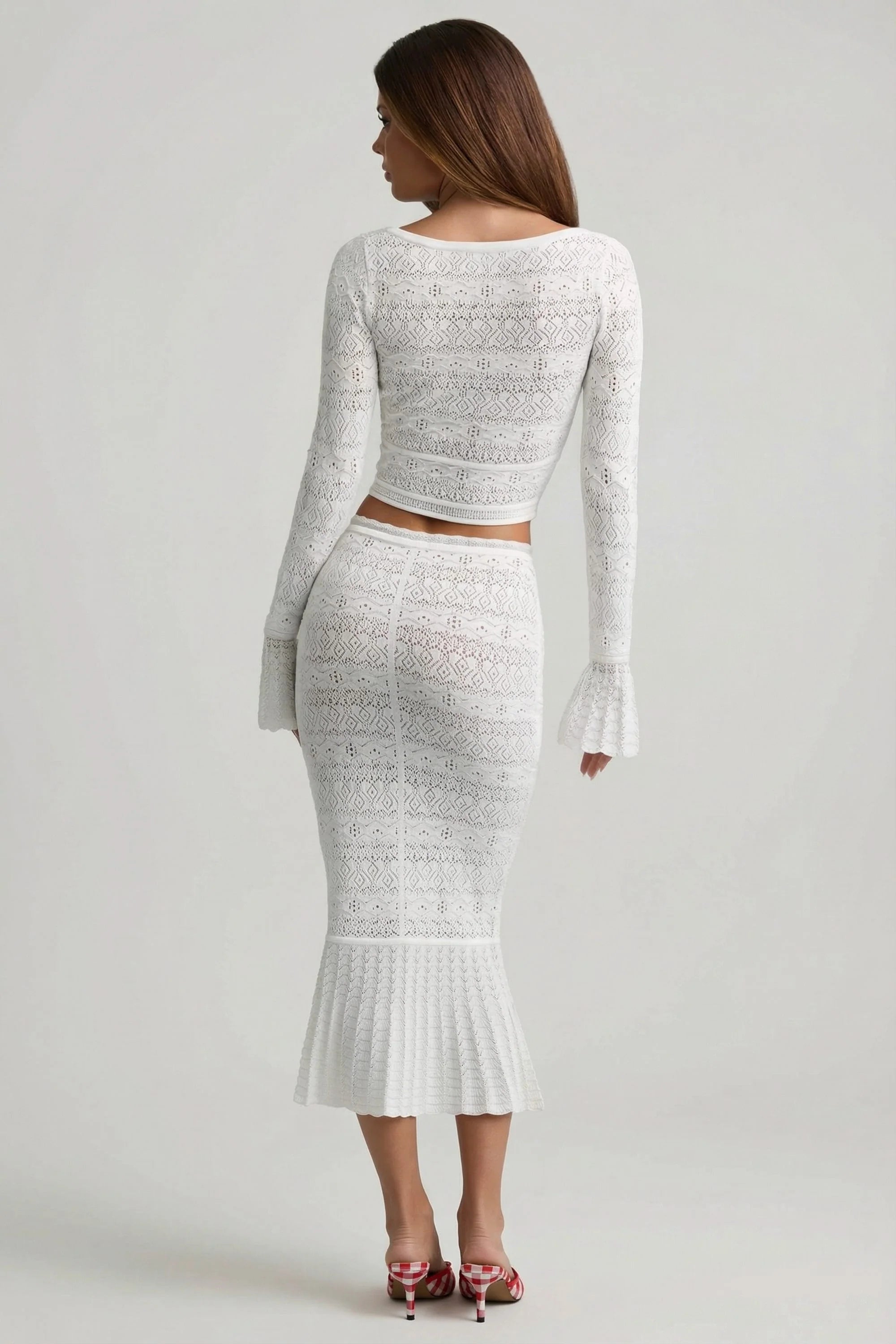 Ruffle Trim Pointelle Knit Midaxi Skirt in White