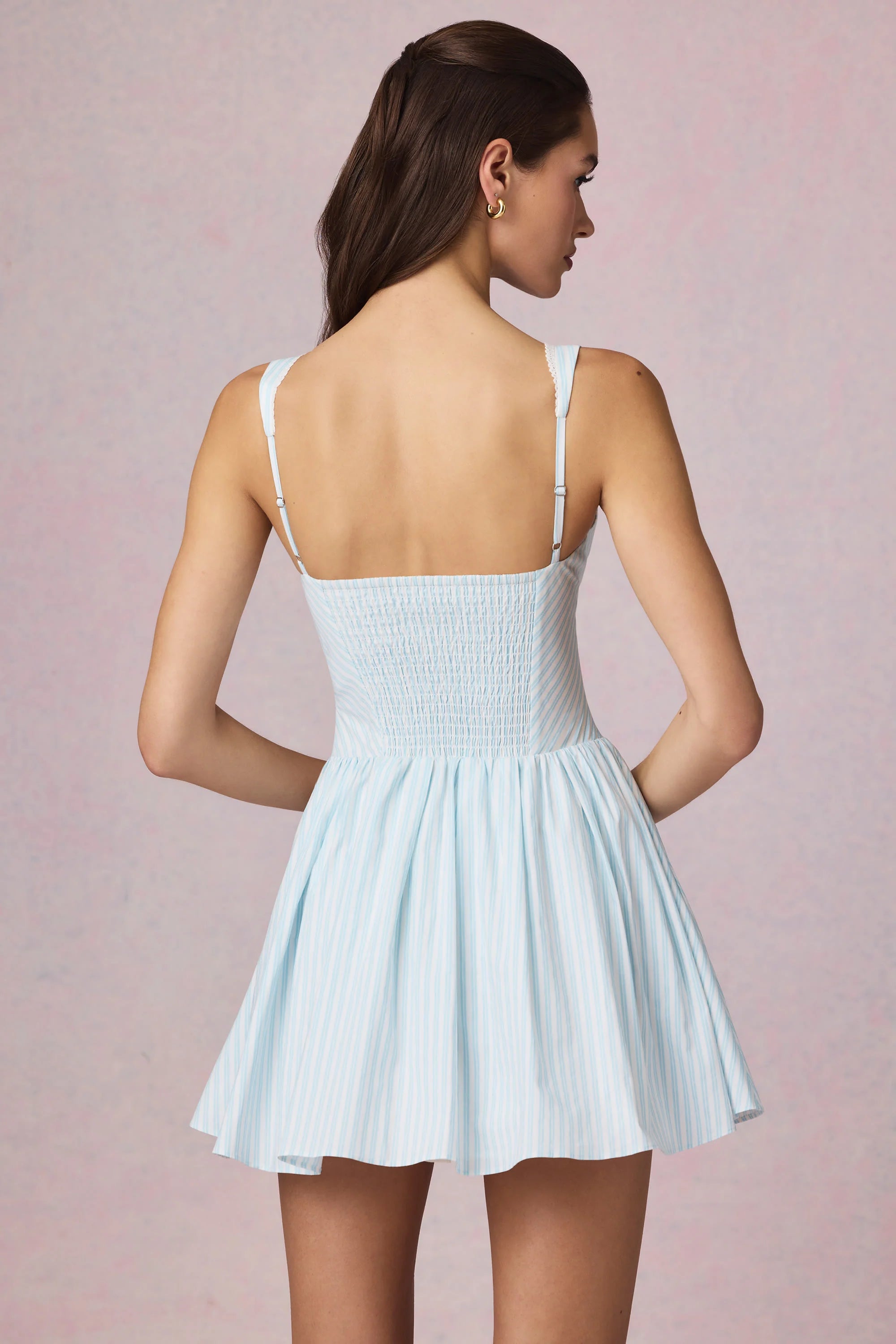 Bow Detail A Line Mini Dress in Powder Blue Stripe