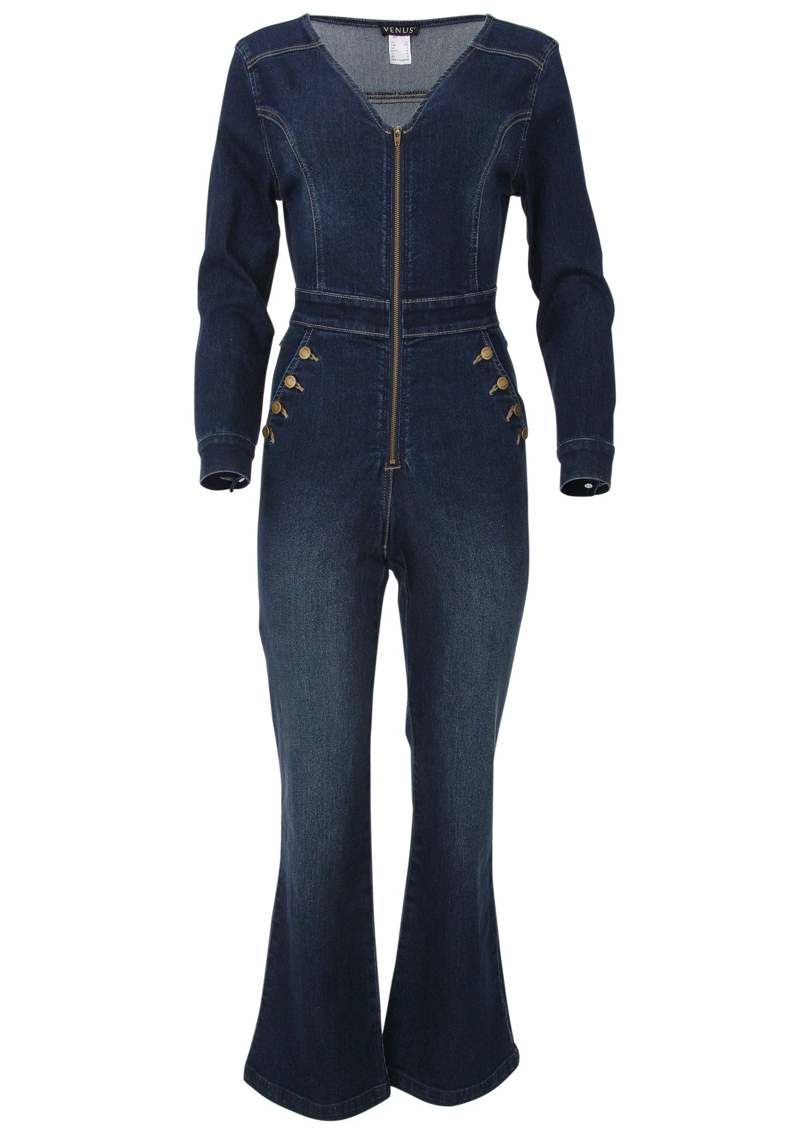 Zip Front Denim Jumpsuit Dark Wash