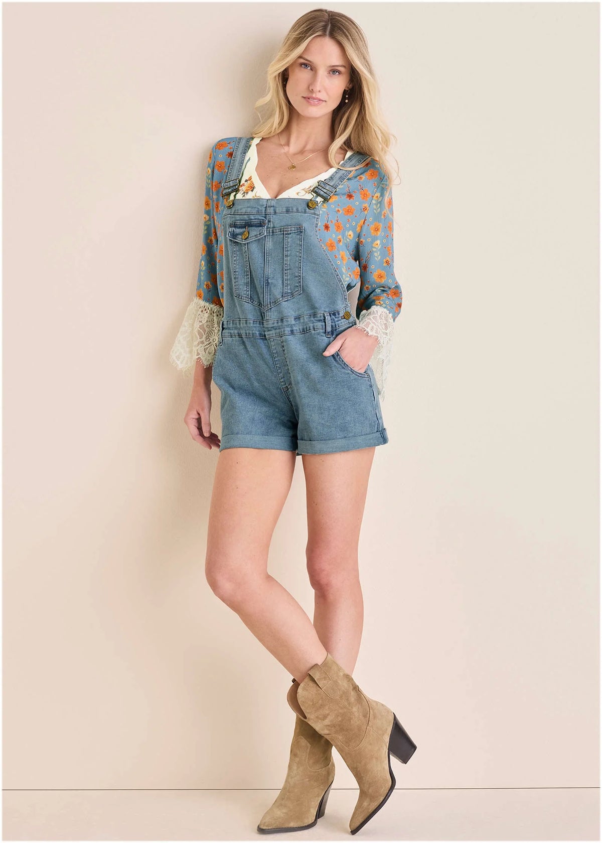 V Back Denim Overalls Light Wash