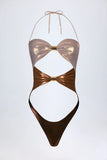 Panelled Cut out Swimsuit in Bronze Gold