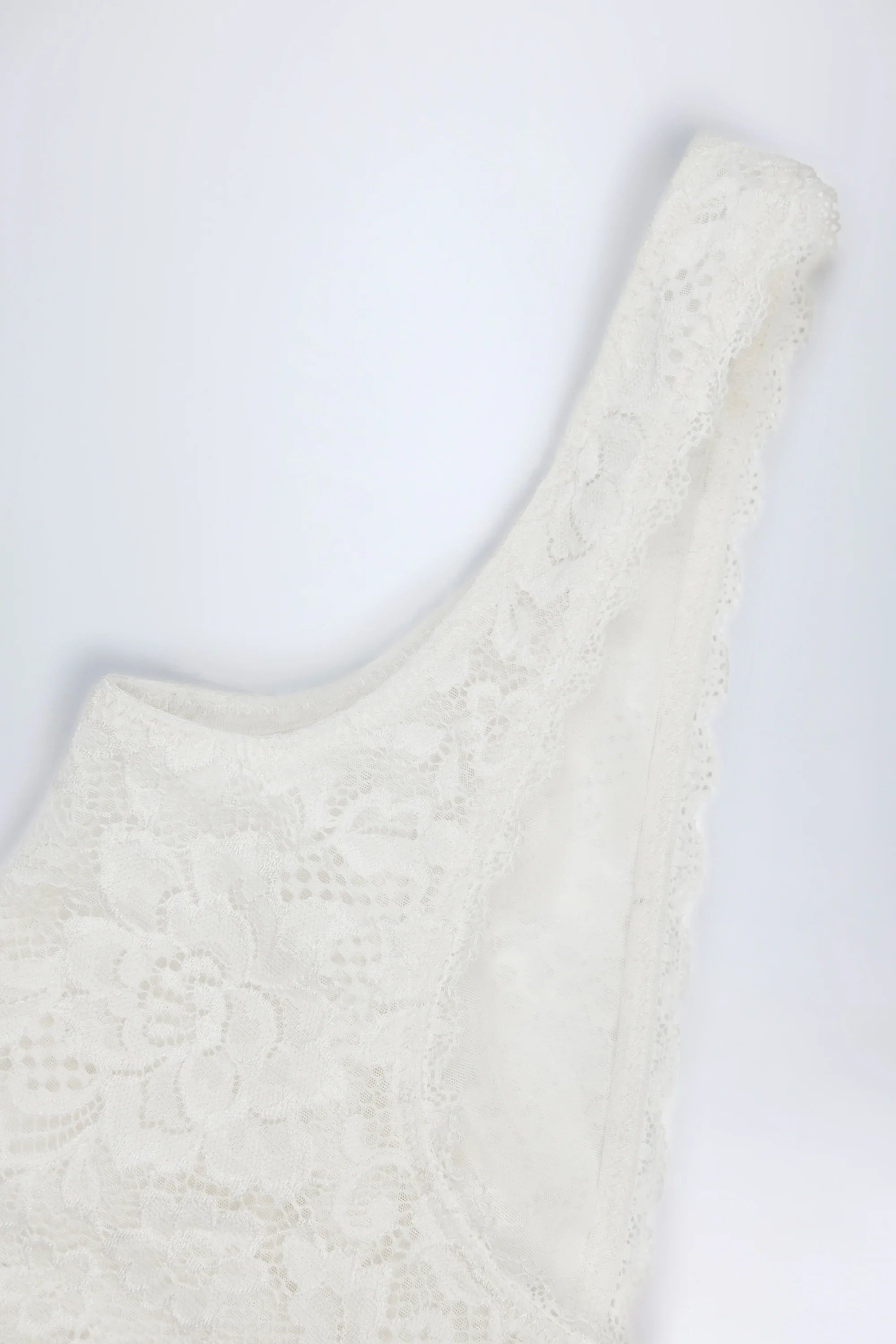 Sheer Lace Scalloped Plunge Neck Bodysuit in White