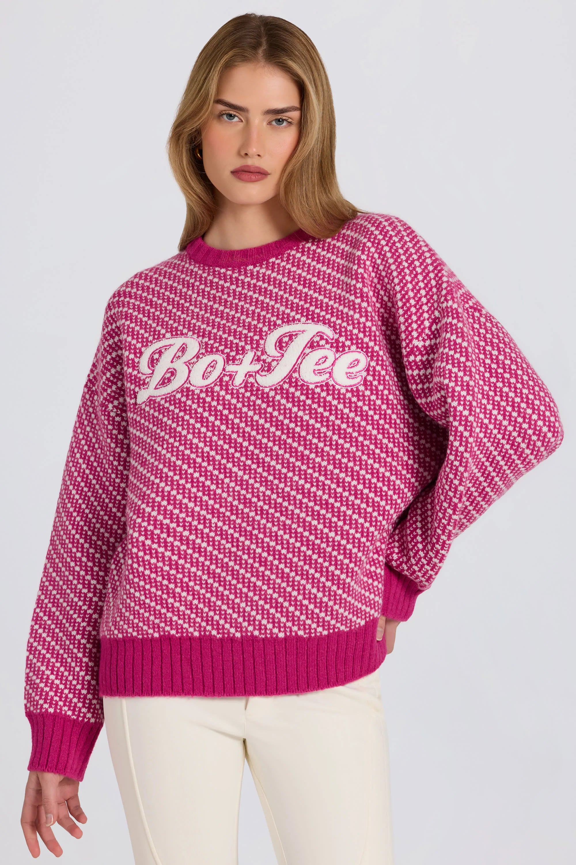 Knit Logo Oversized Jumper in Magenta Pink