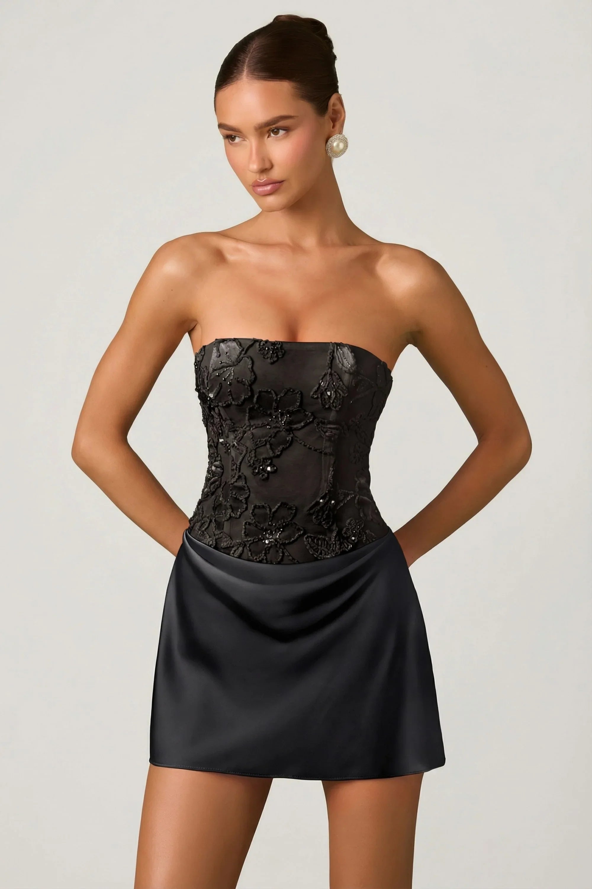 Embellished Draped Strapless A Line Mini Dress in Black