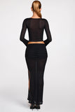 Sheer Jersey Low Rise Draped Maxi Skirt in Black