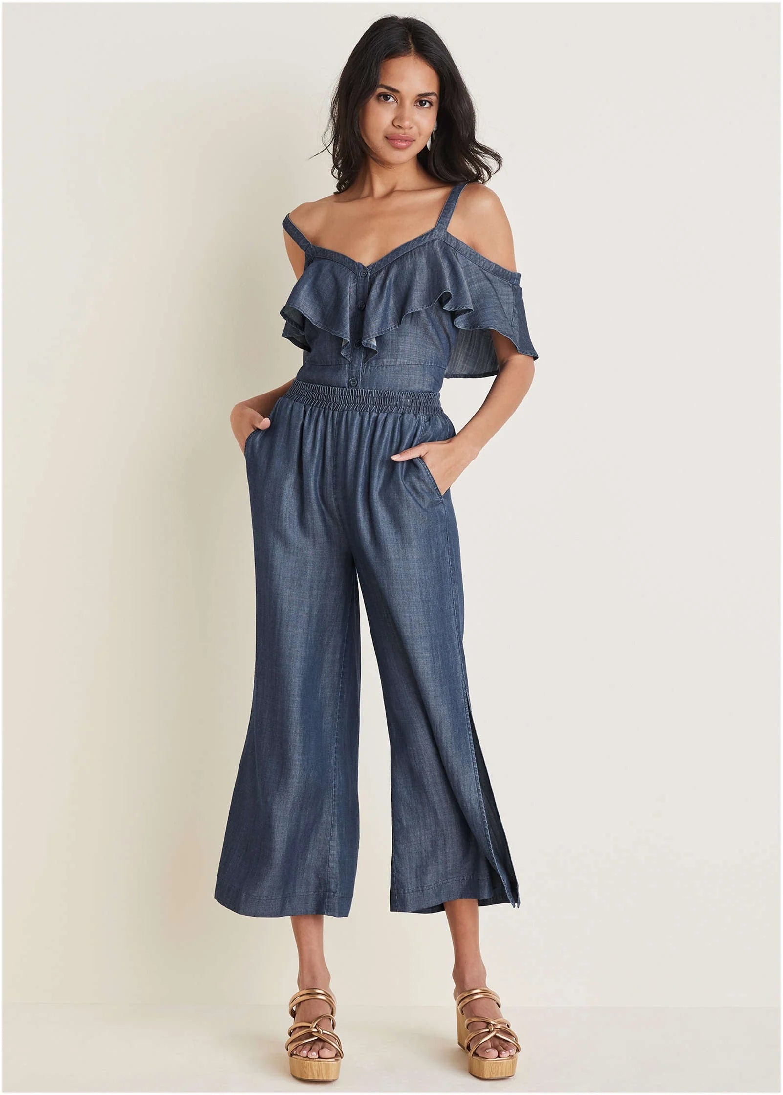Chambray Cropped Pants Dark Wash