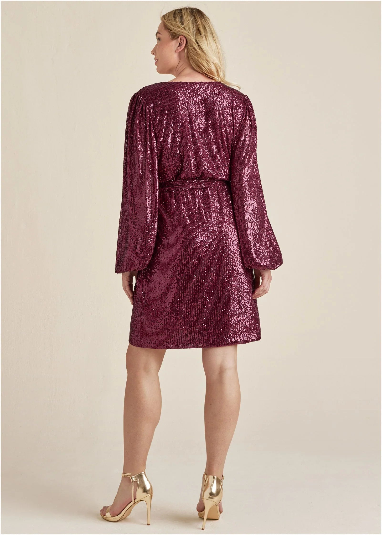 Belted Sequin Wrap Dress Wine