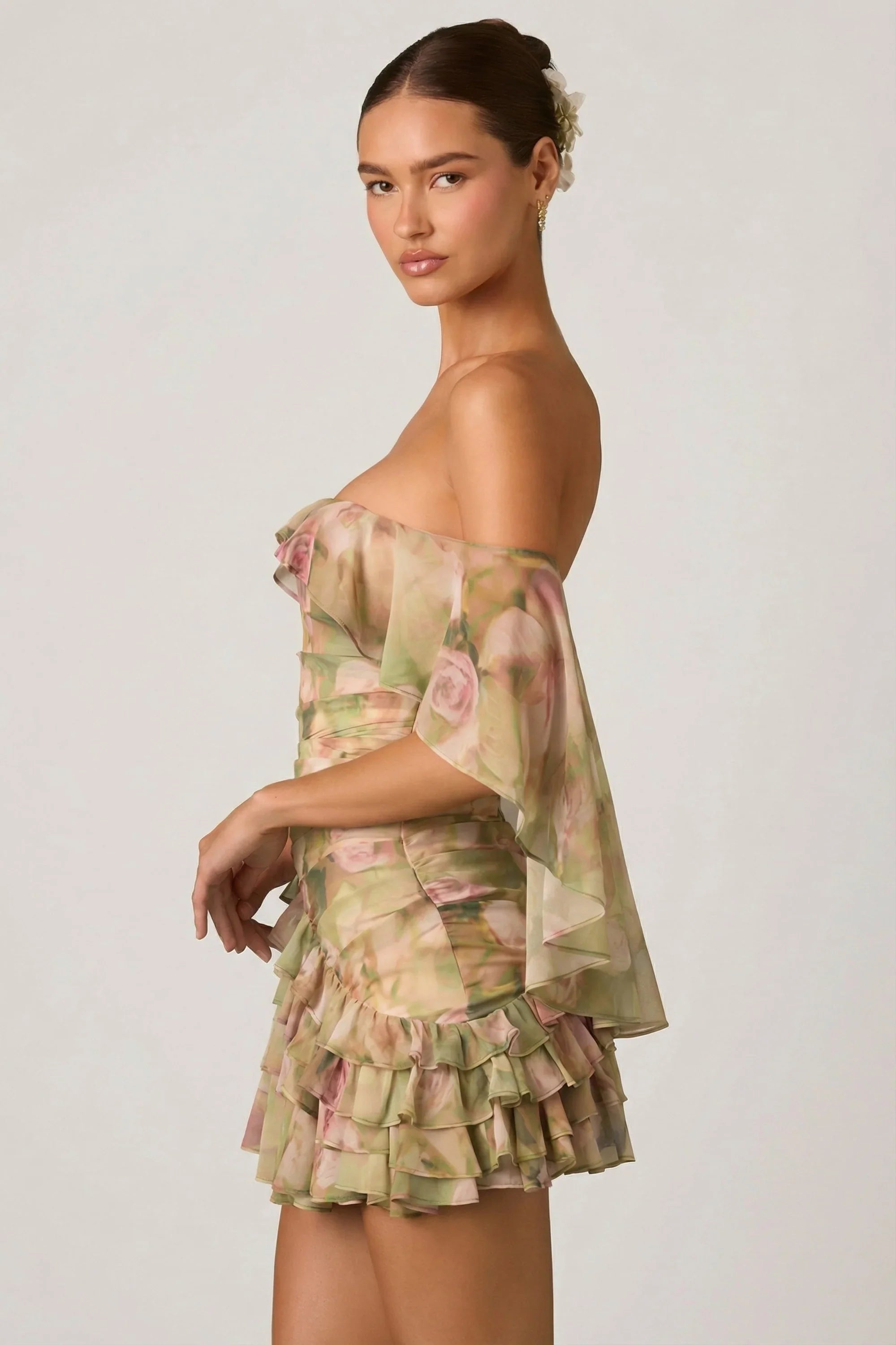 Off Shoulder Ruffled Mini Dress in Floral Multi Print