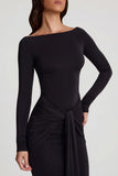 Soft Jersey Boat Neck Tie Gather Maxi Dress in Black