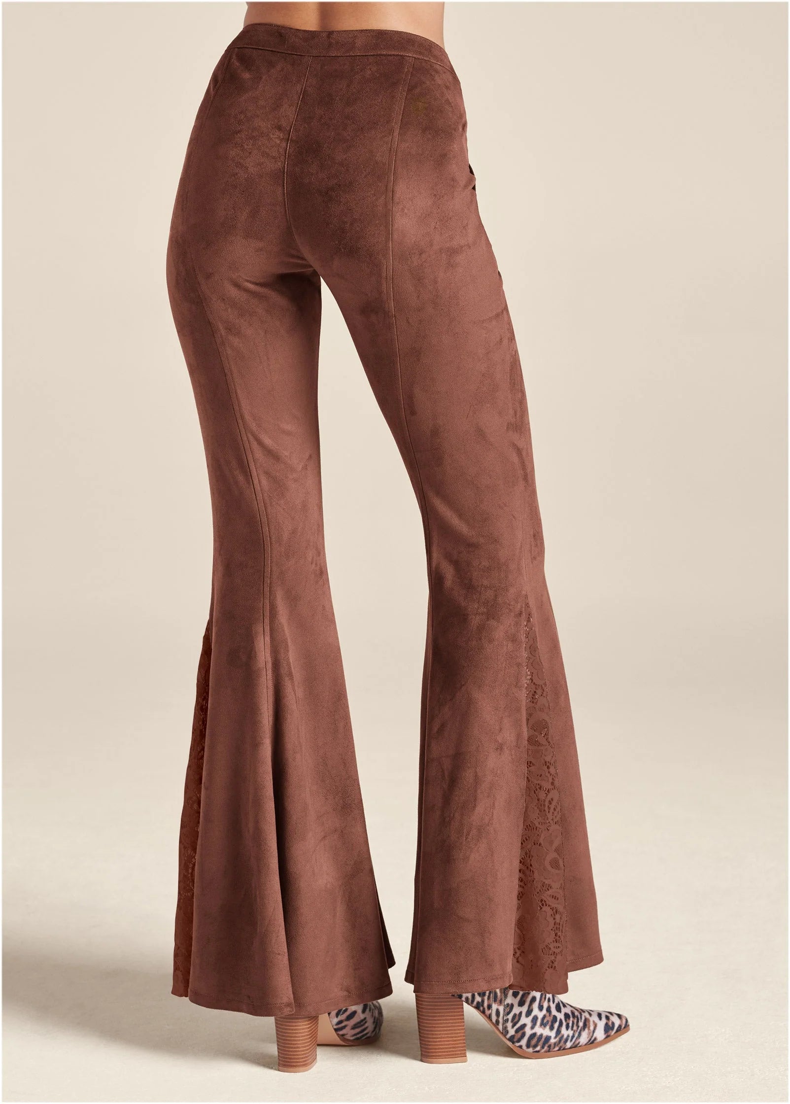 Faux Suede Flare Pants Brown Multi