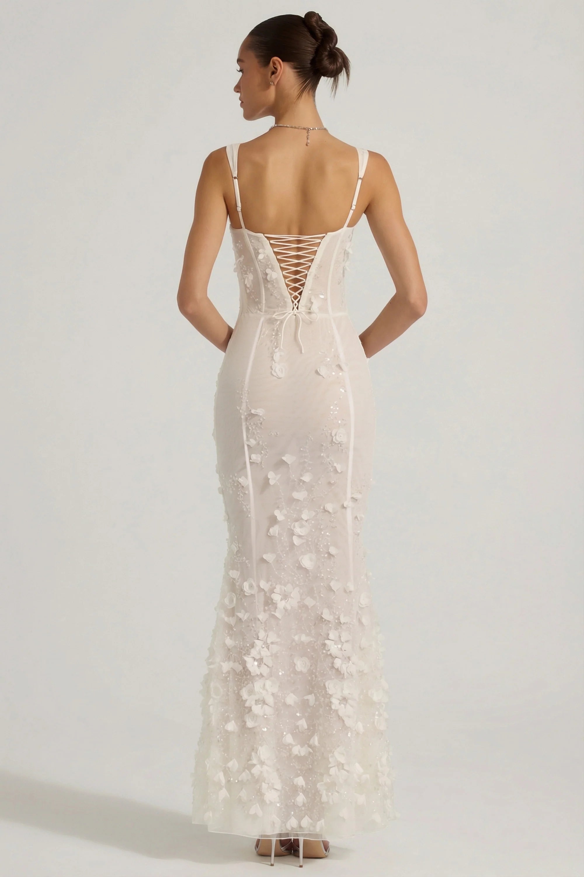 Embellished Appliqué Soft Scoop Corset Gown in White