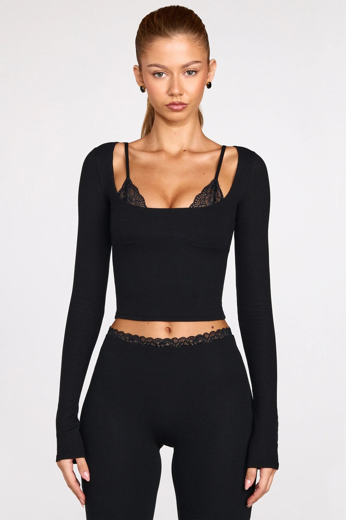 Ribbed Modal Long Sleeve Laced Bra Top in Black
