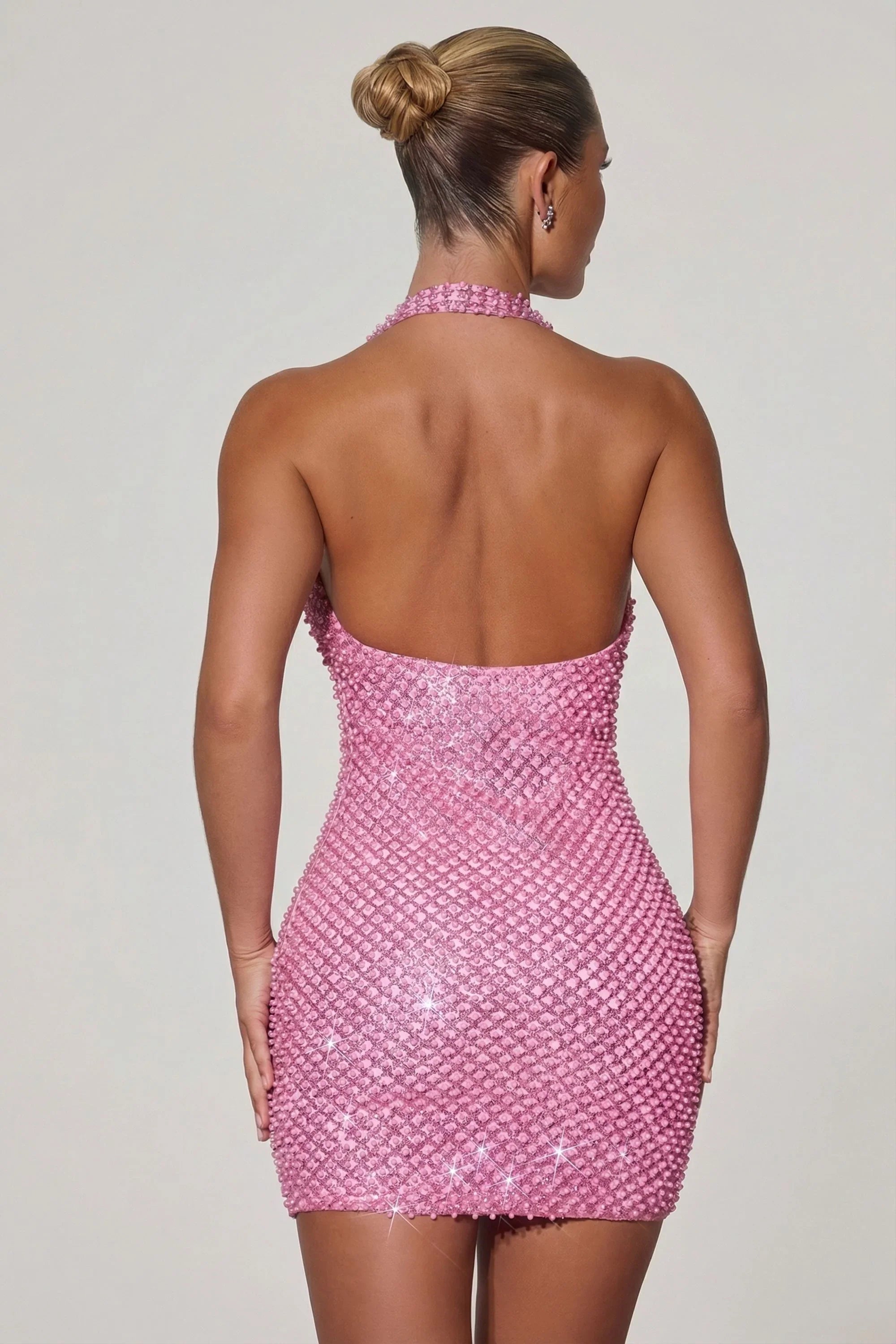 Embellished Heart Detail Cowl Neck Mini Dress in Pink