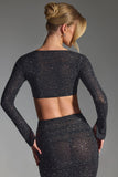 Embellished Long Sleeve Crop Top in Black