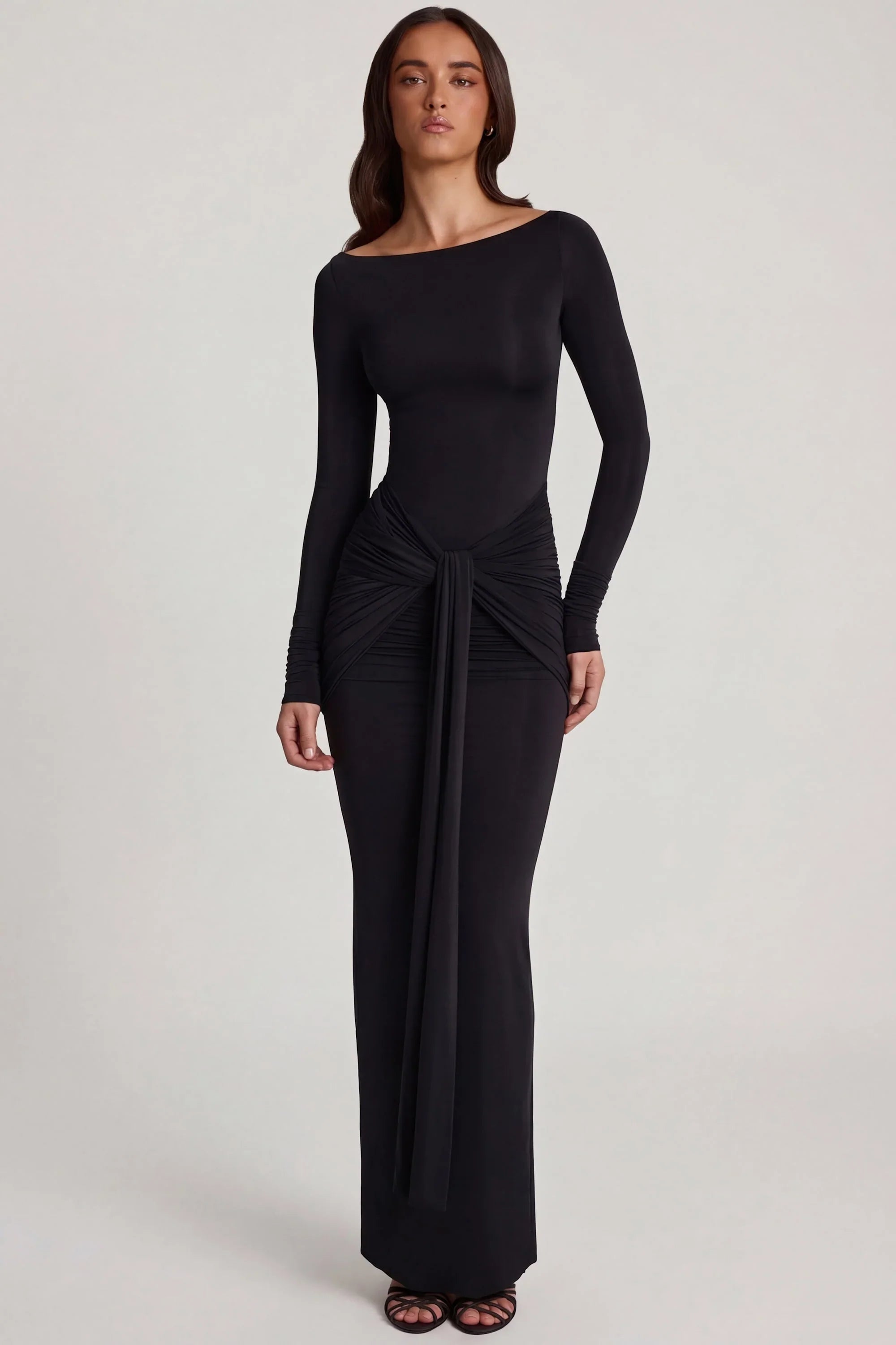 Soft Jersey Boat Neck Tie Gather Maxi Dress in Black