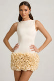 Satin Floral Appliqué Open Back Mini Dress in Ivory