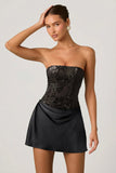 Embellished Draped Strapless A Line Mini Dress in Black