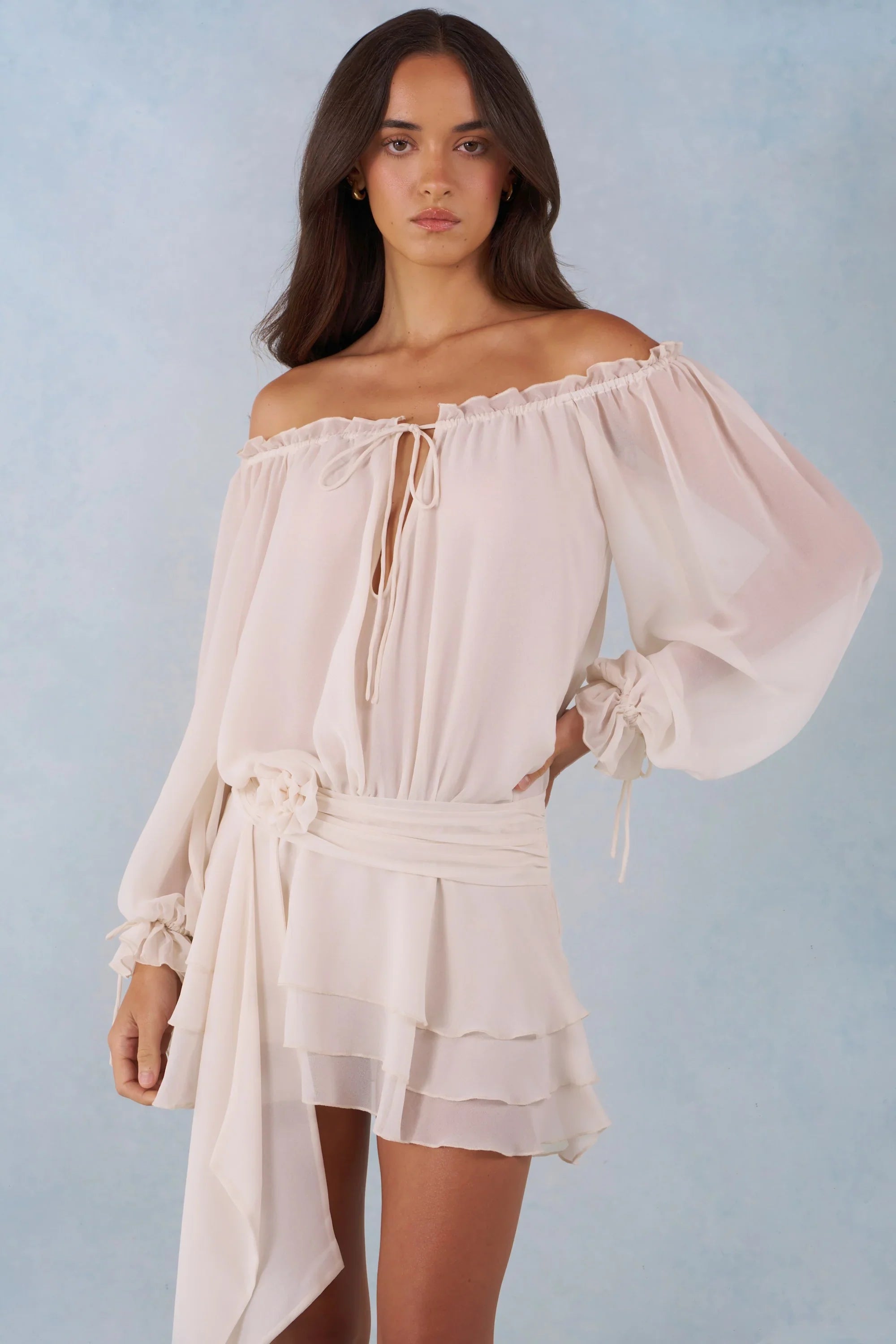 Off Shoulder Balloon Sleeve Mini Dress in Ivory