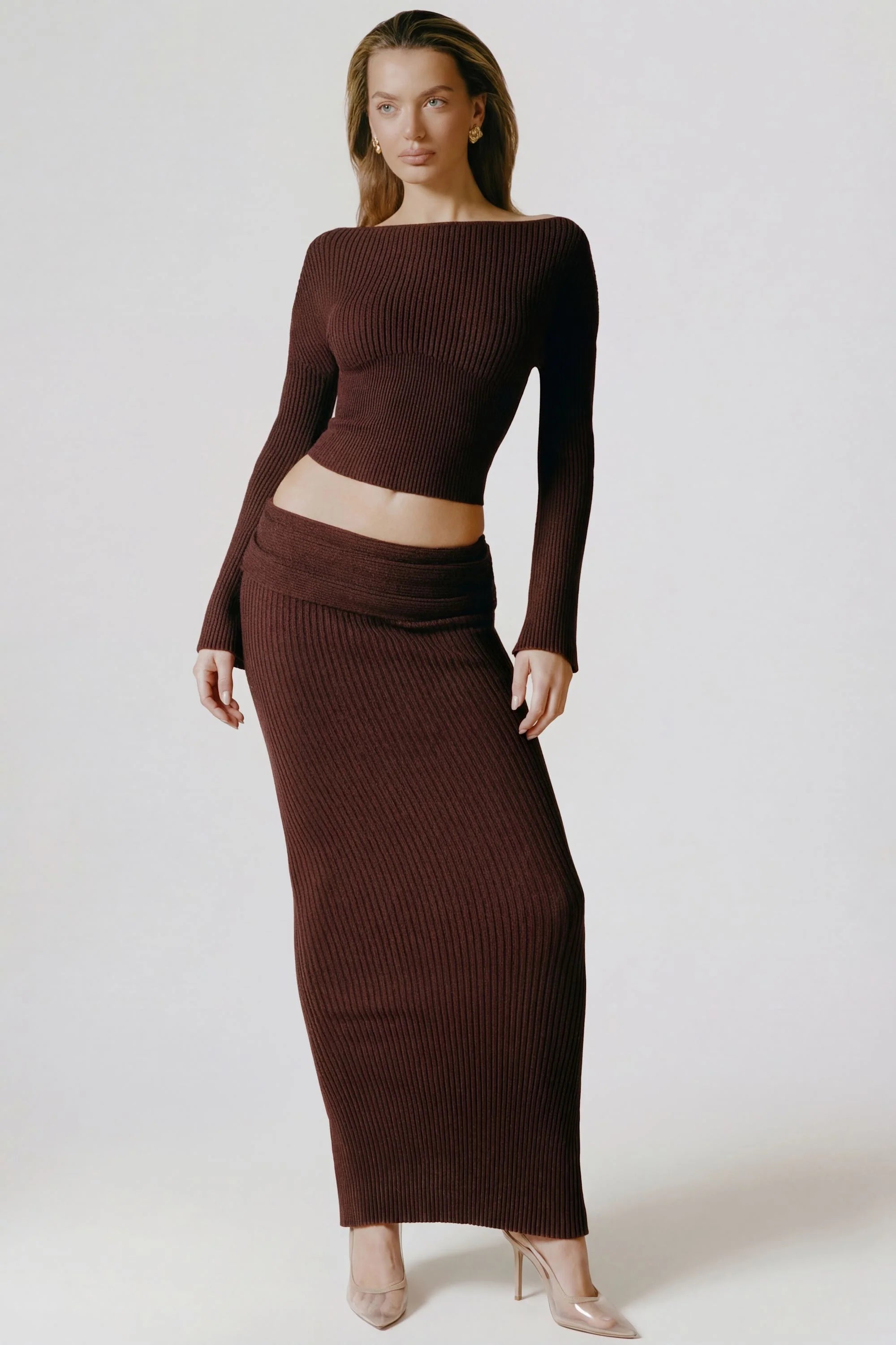 Ribbed Knit Foldover Maxi Skirt in Espresso