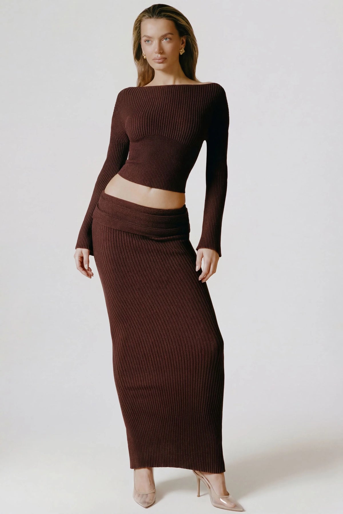Ribbed Knit Foldover Maxi Skirt in Espresso