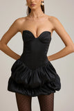 Satin Bubble Hem Corset Mini Dress in Black