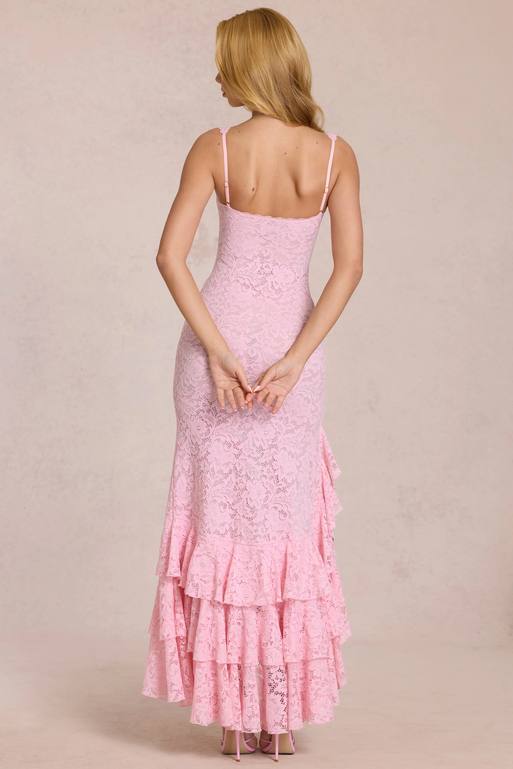 Lace Ruffle Maxi Dress in Blossom Pink