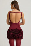 Satin Floral Appliqué Open Back Mini Dress in Wine Red