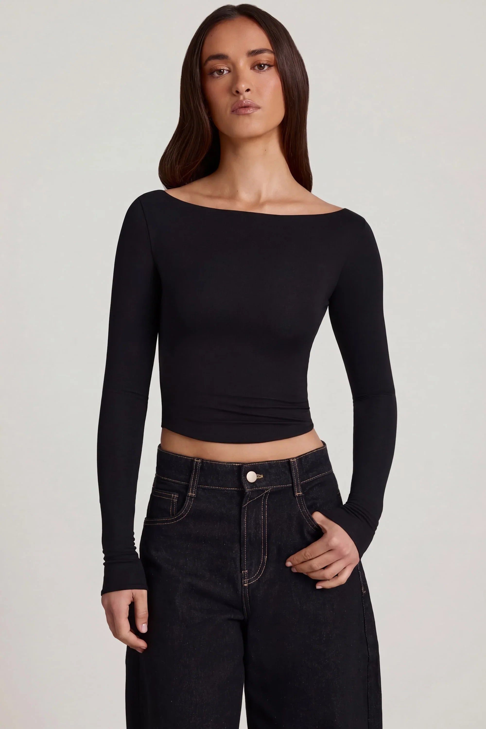 Modal Boat Neck Long Sleeve Top in Black