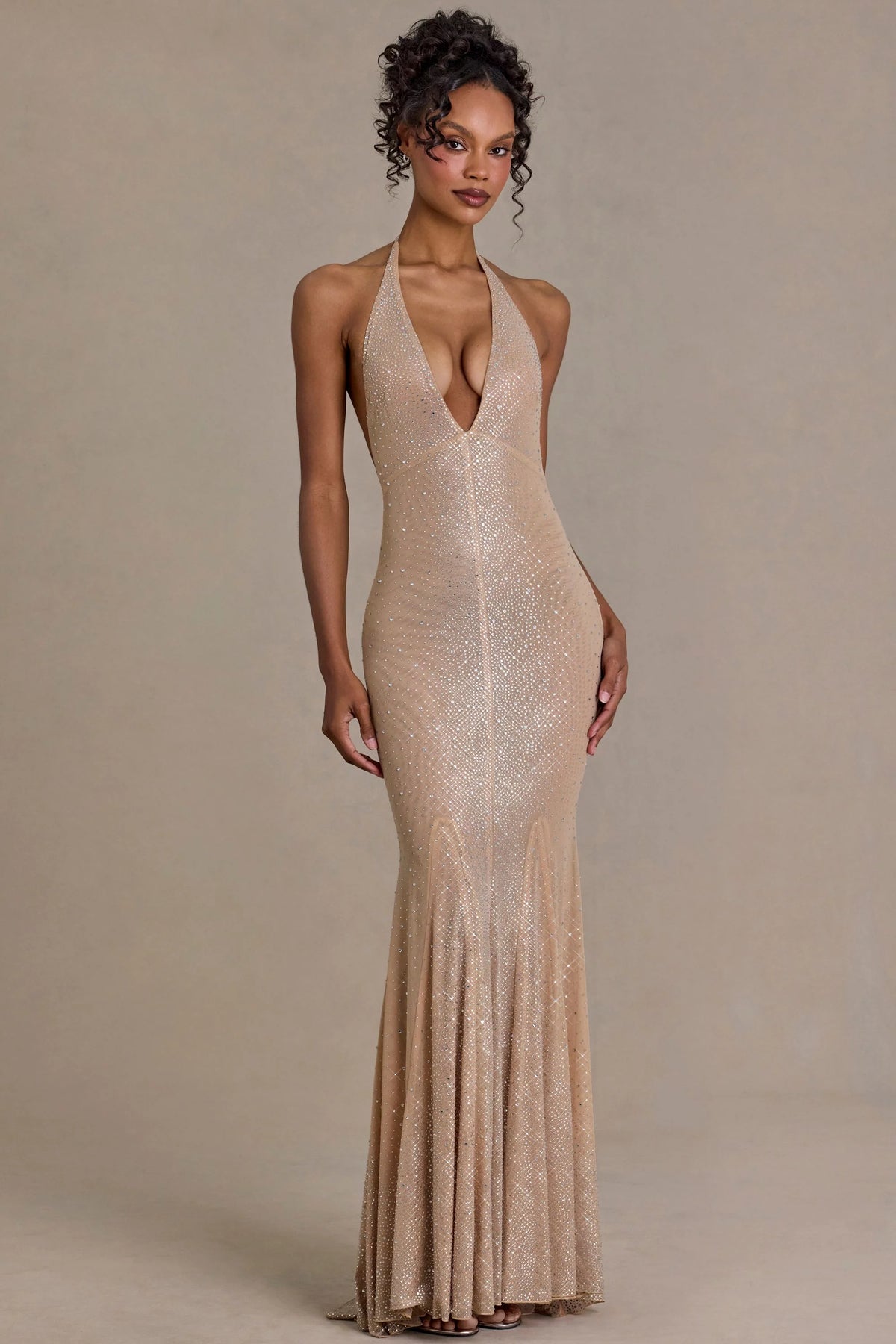 Embellished Plunge Neck Open Back Gown in Beige Gold