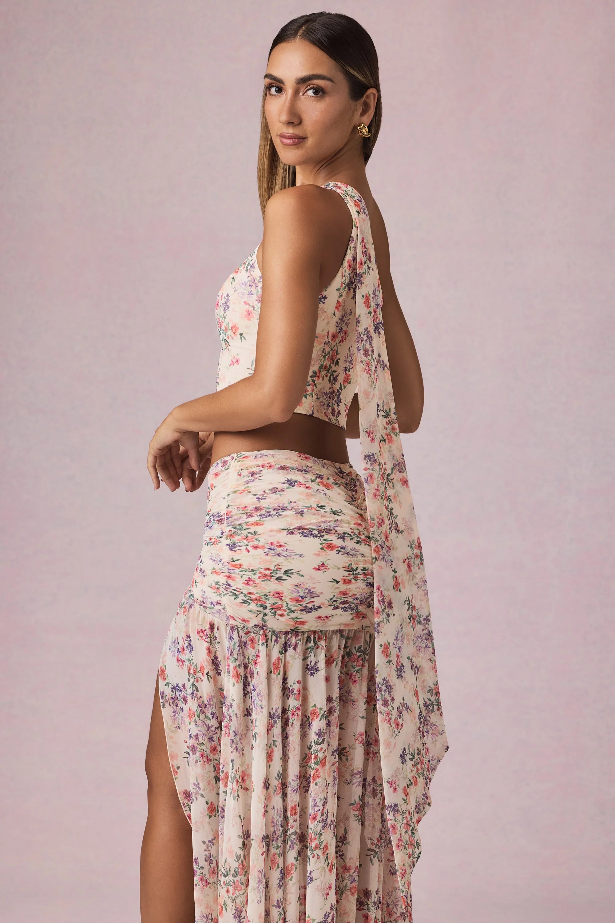 Scarf Detail One Shoulder Top in Primrose Floral Print