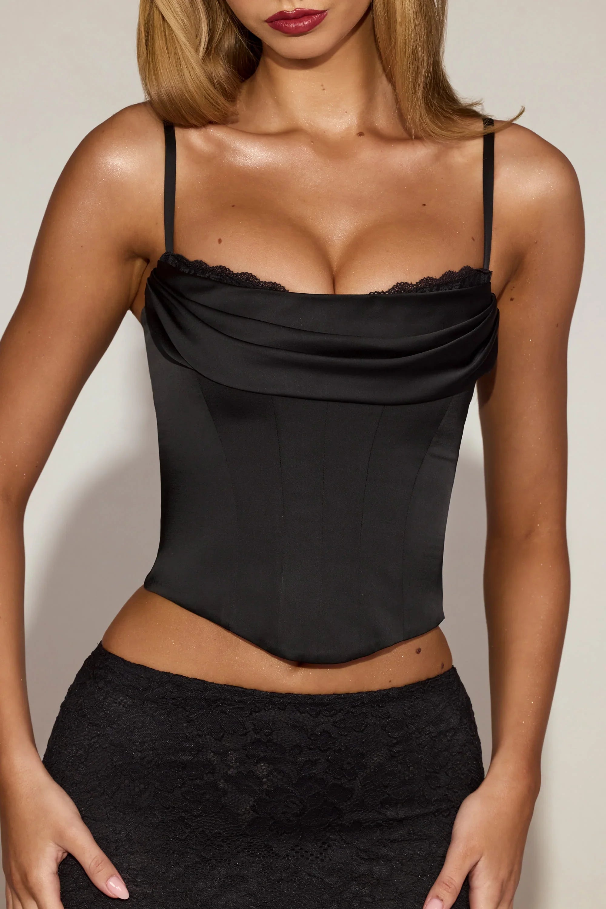 Satin Cowl Neck Lace Up Corset Top in Black