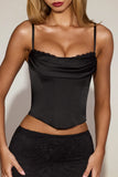 Satin Cowl Neck Lace Up Corset Top in Black
