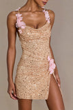 Embellished Open Back Mini Dress in Gold
