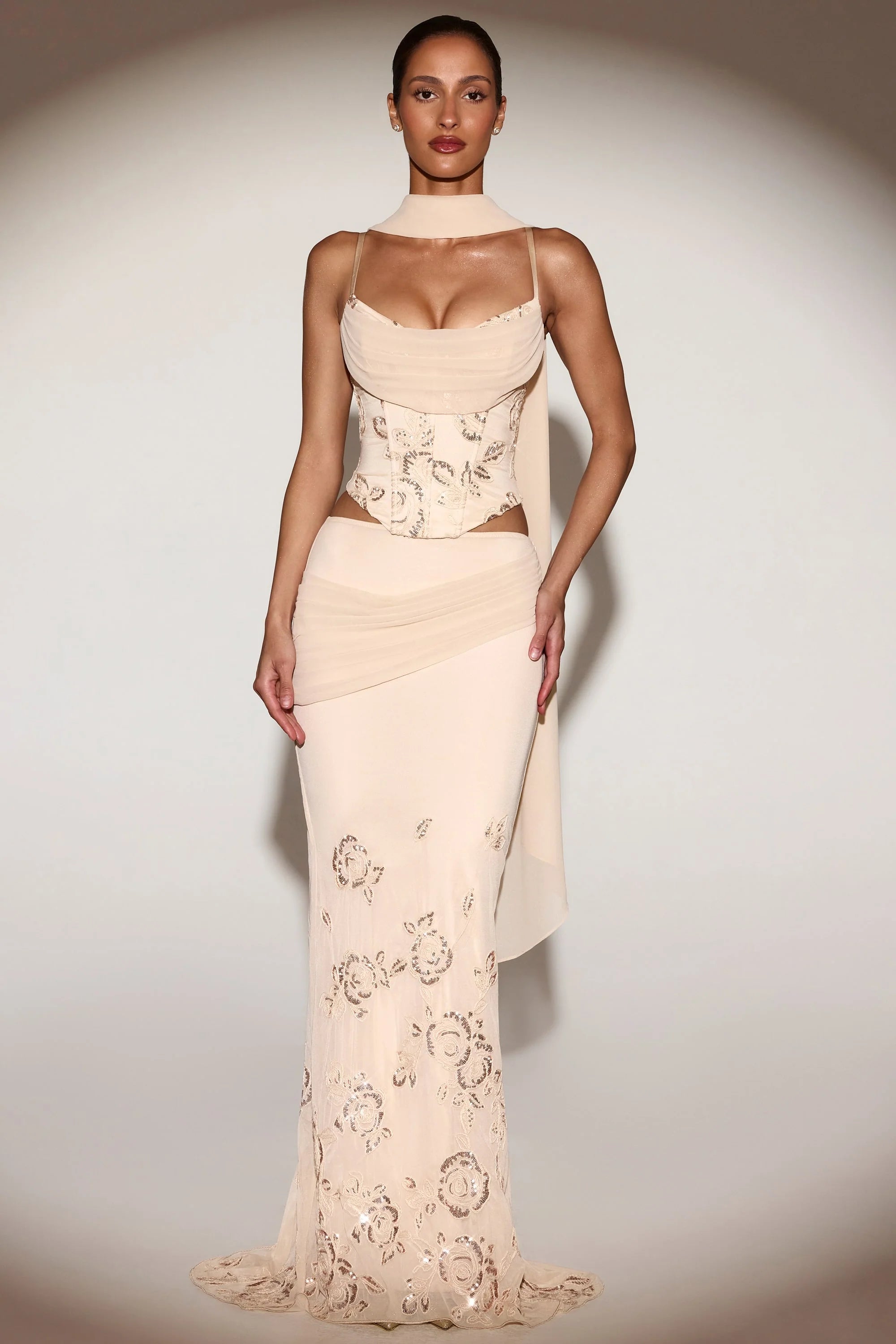 Embellished Draped Mid Rise Gown Skirt in Gold