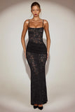Sheer Lace Square Neck Ruched Gown in Black