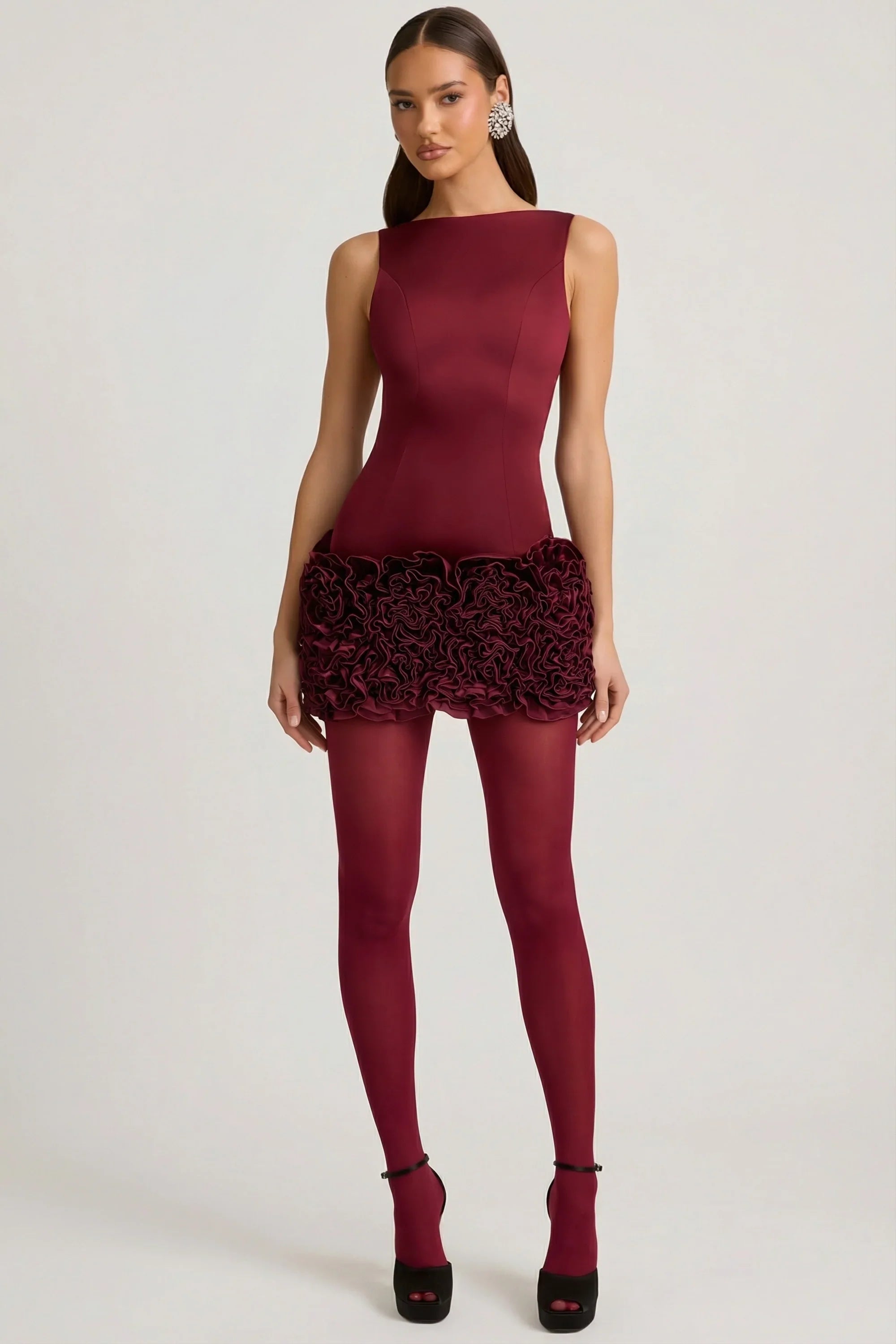 Satin Floral Appliqué Open Back Mini Dress in Wine Red