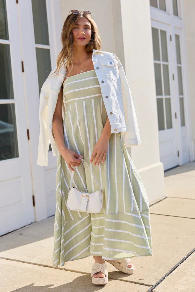 Come Sail Away Sage Striped Maxi Dress SALE