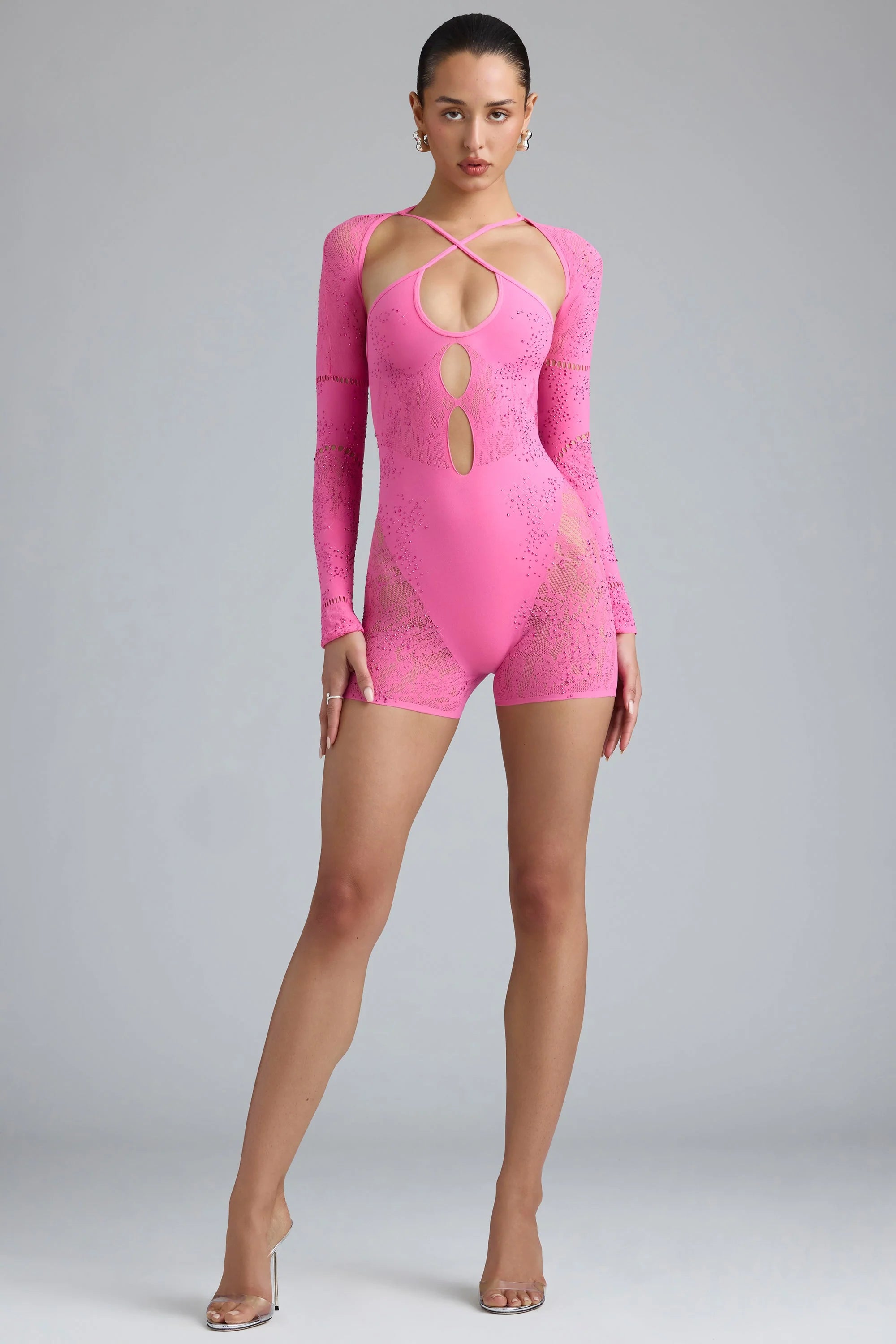 Embellished Cut Out Unitard in Bubblegum Pink