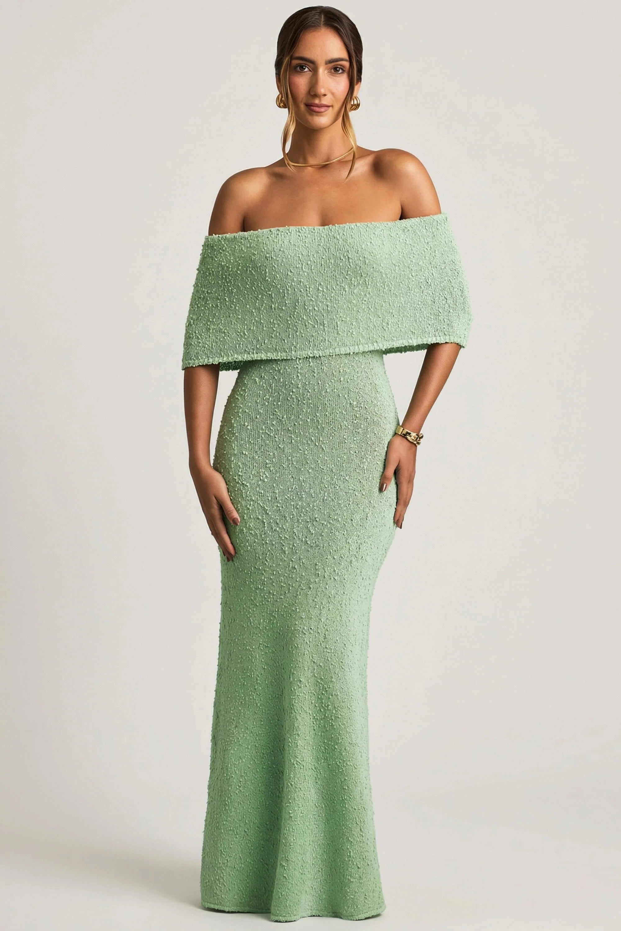 Bouclé Off Shoulder Maxi Dress in Mint