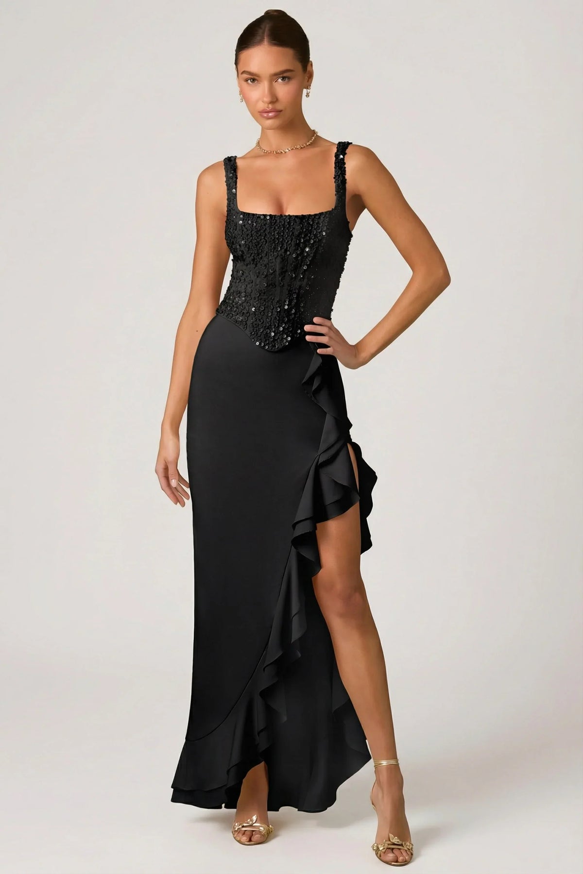 Embellished Ruffle Trim Corset Gown in Black